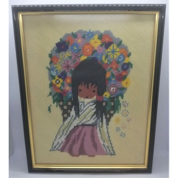 Ted DeGrazia Flower Girl Poncho Girl Finished Needlepoint Cross Stitch Framed - Picture 2 of 10